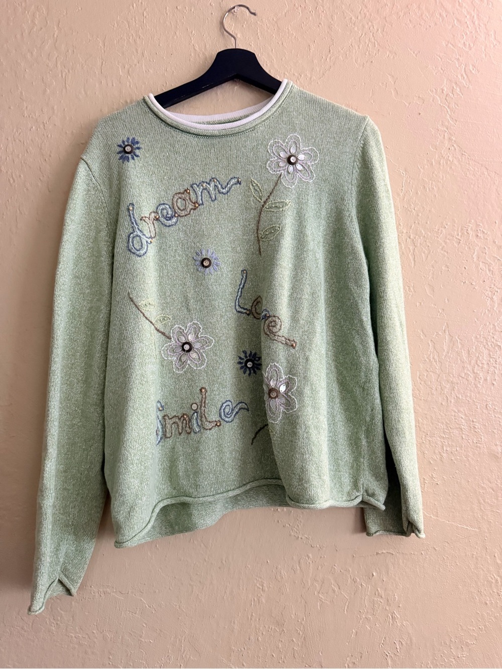 Alfred Dunner Light Green Crewneck Sweater with Floral Embroidery
